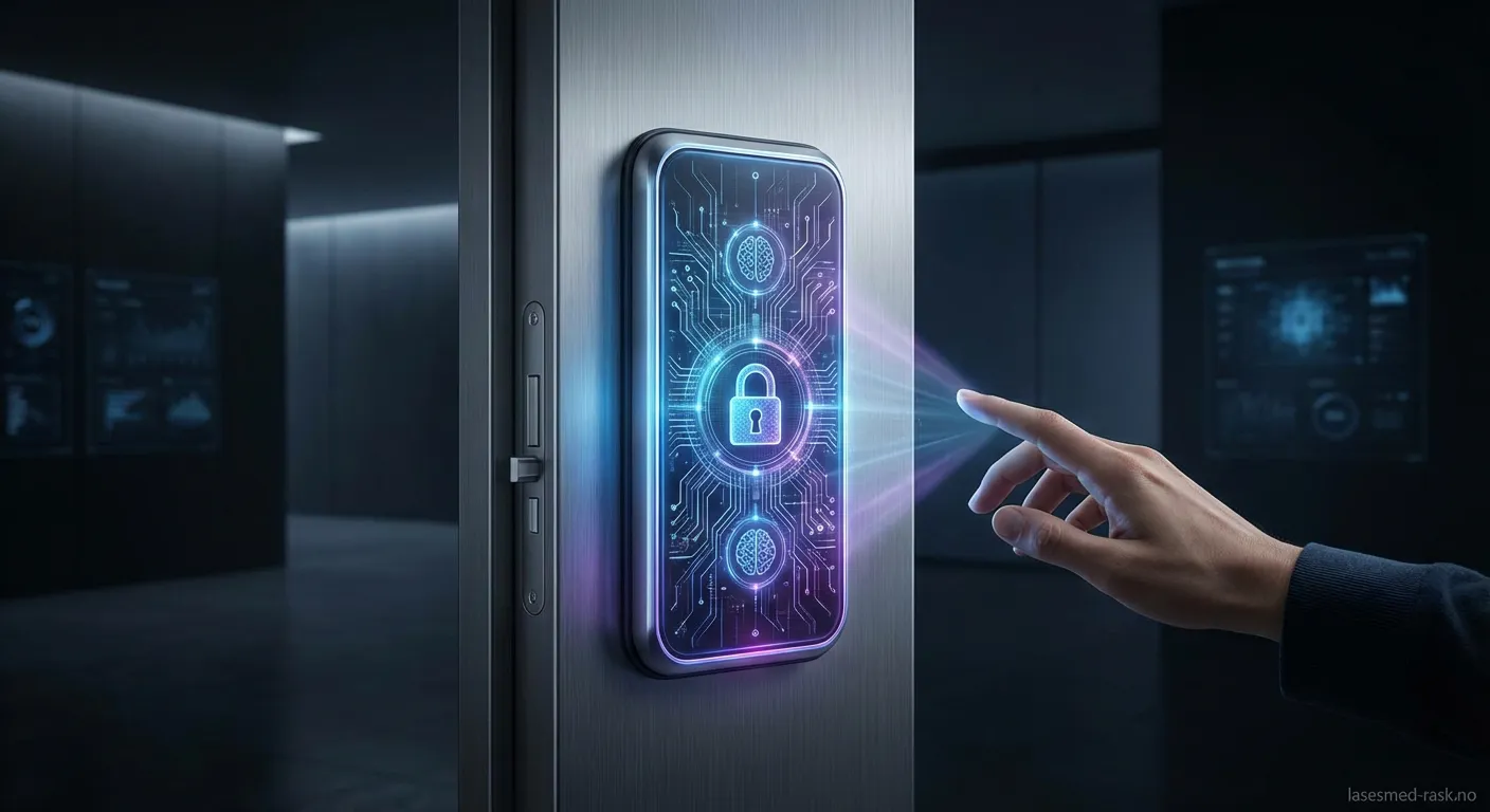 Nærbilde av en smartlås med augmentert intelligens montert på en inngangsdør