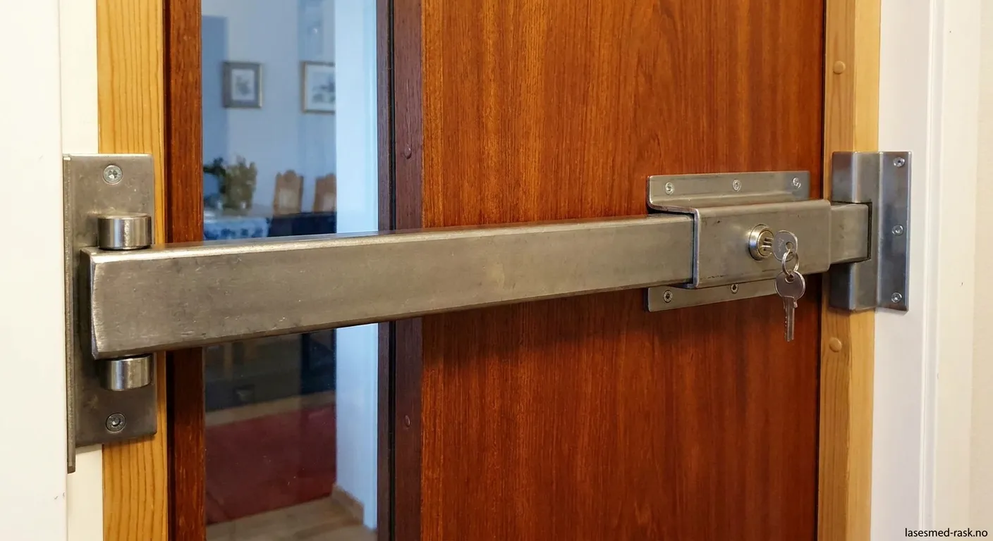 Bar sikkerhetslås montert på hvit inngangsdør