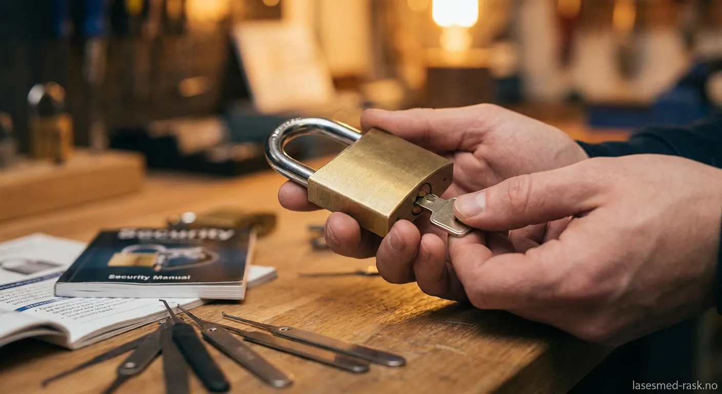 Nærbilde av en eldre nøkkel som settes inn i en klassisk lås på en tredør