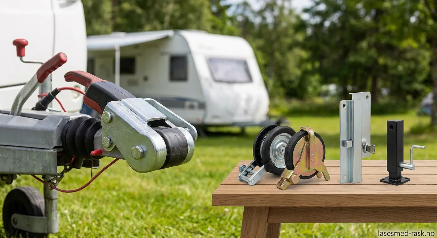 Nærbilde av en robust campingvogn sikkerhetslås montert på en hvit campingvogn