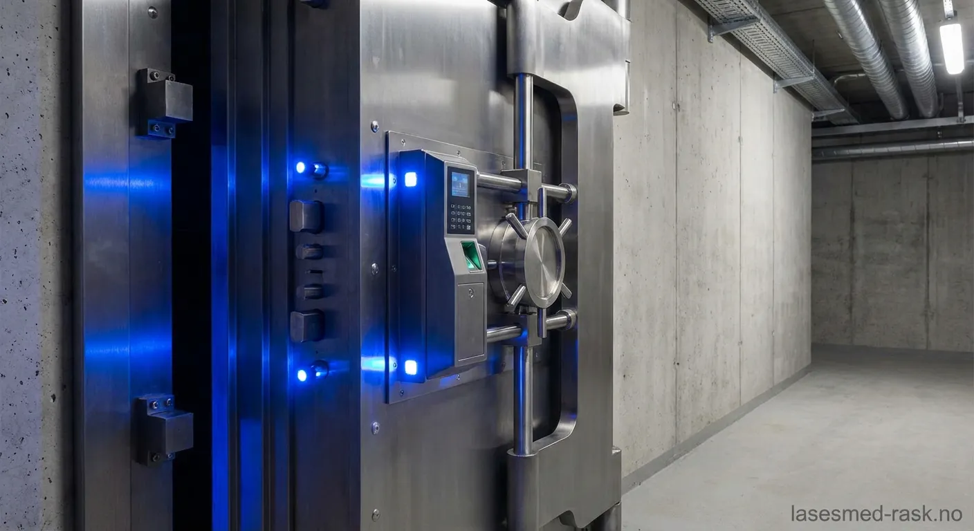 Høysikkerhetslås på dør til Einsteiniumlager med strålingsvarsel