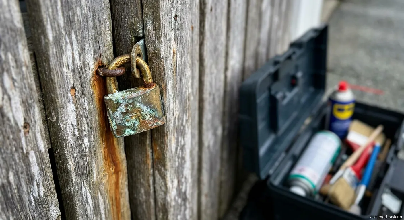 Nærbilde av en lås med elektrolyseskader og korrosjon