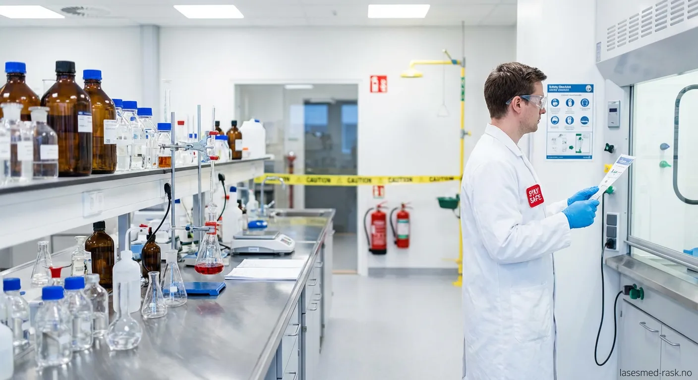 Sikkert folsyrelager med advarselsskilt og sikkerhetsutstyr