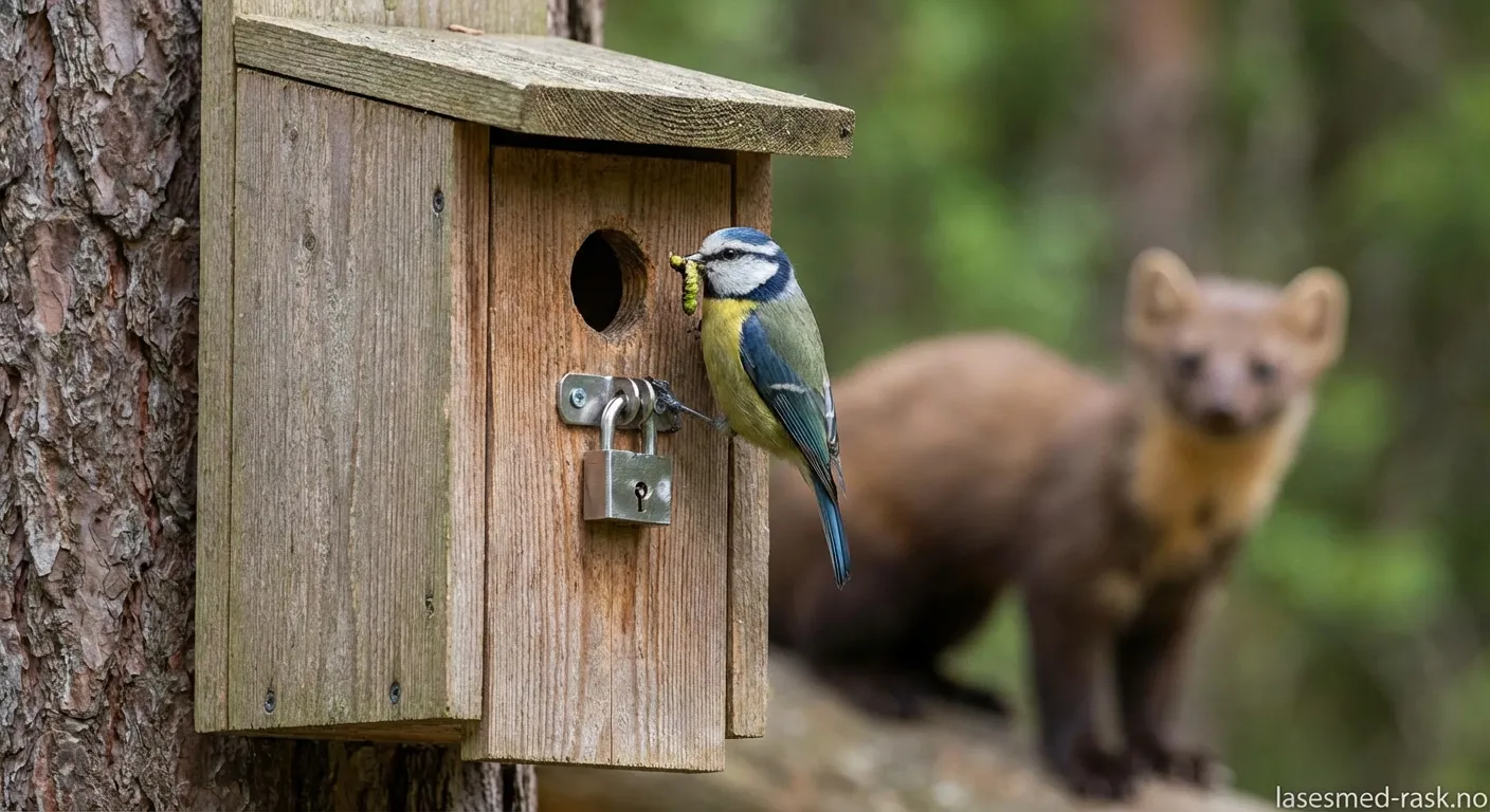 Fuglekasse med sikkerhetslås montert på tre