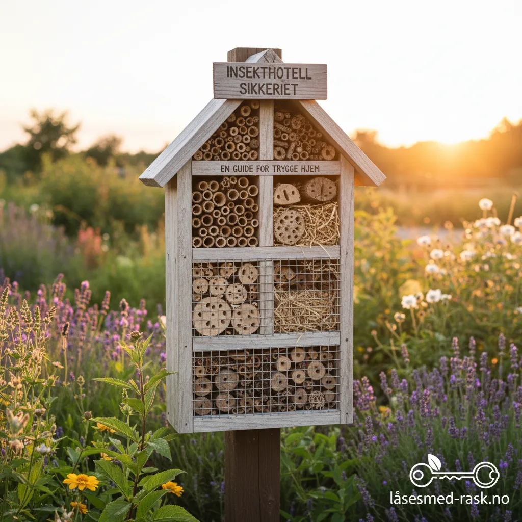 Nærbilde av et insekthotell i tre med en bie som flyr mot det.