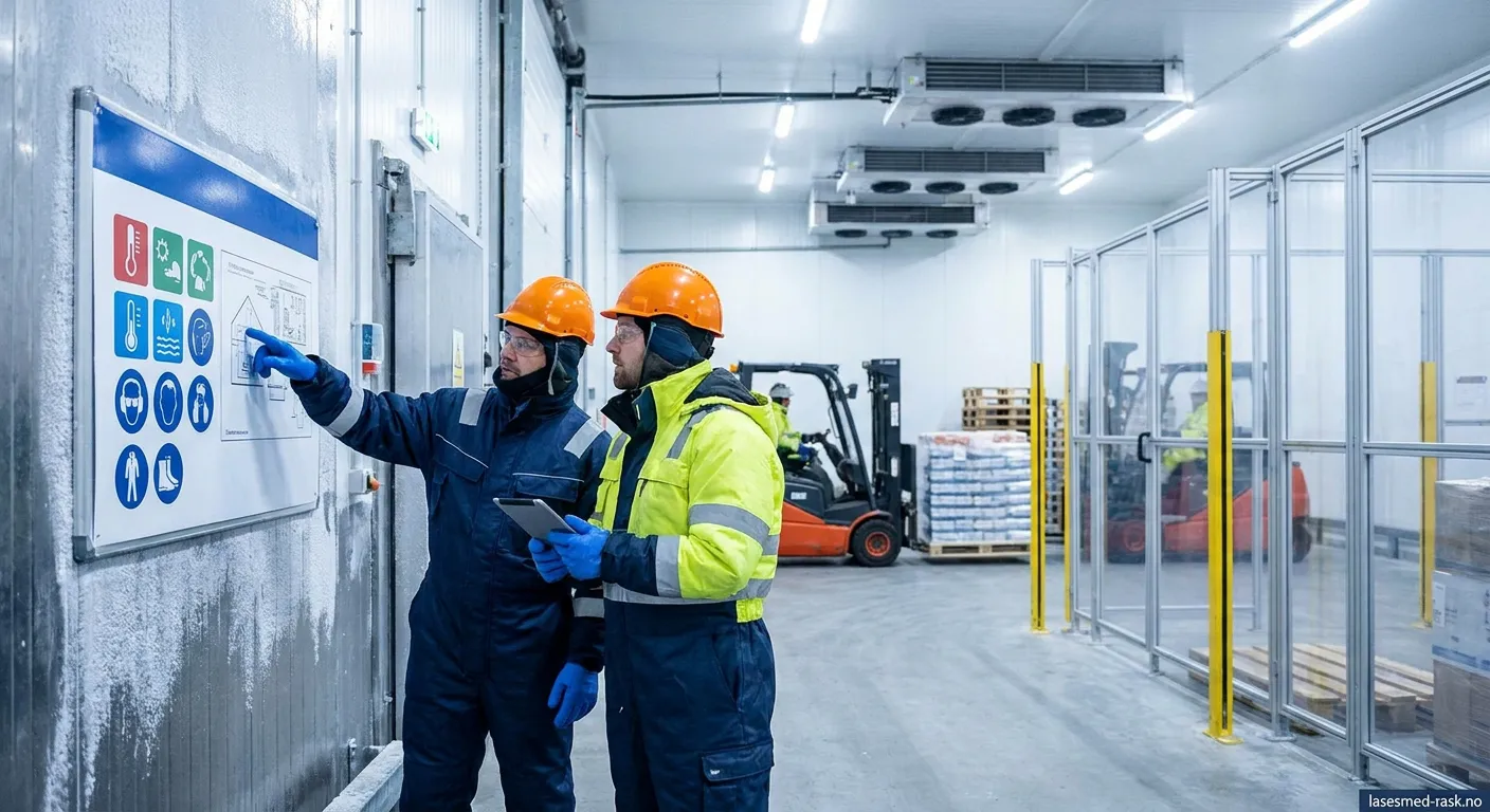 Arbeidere sjekker temperatur på kjølelager med verneutstyr