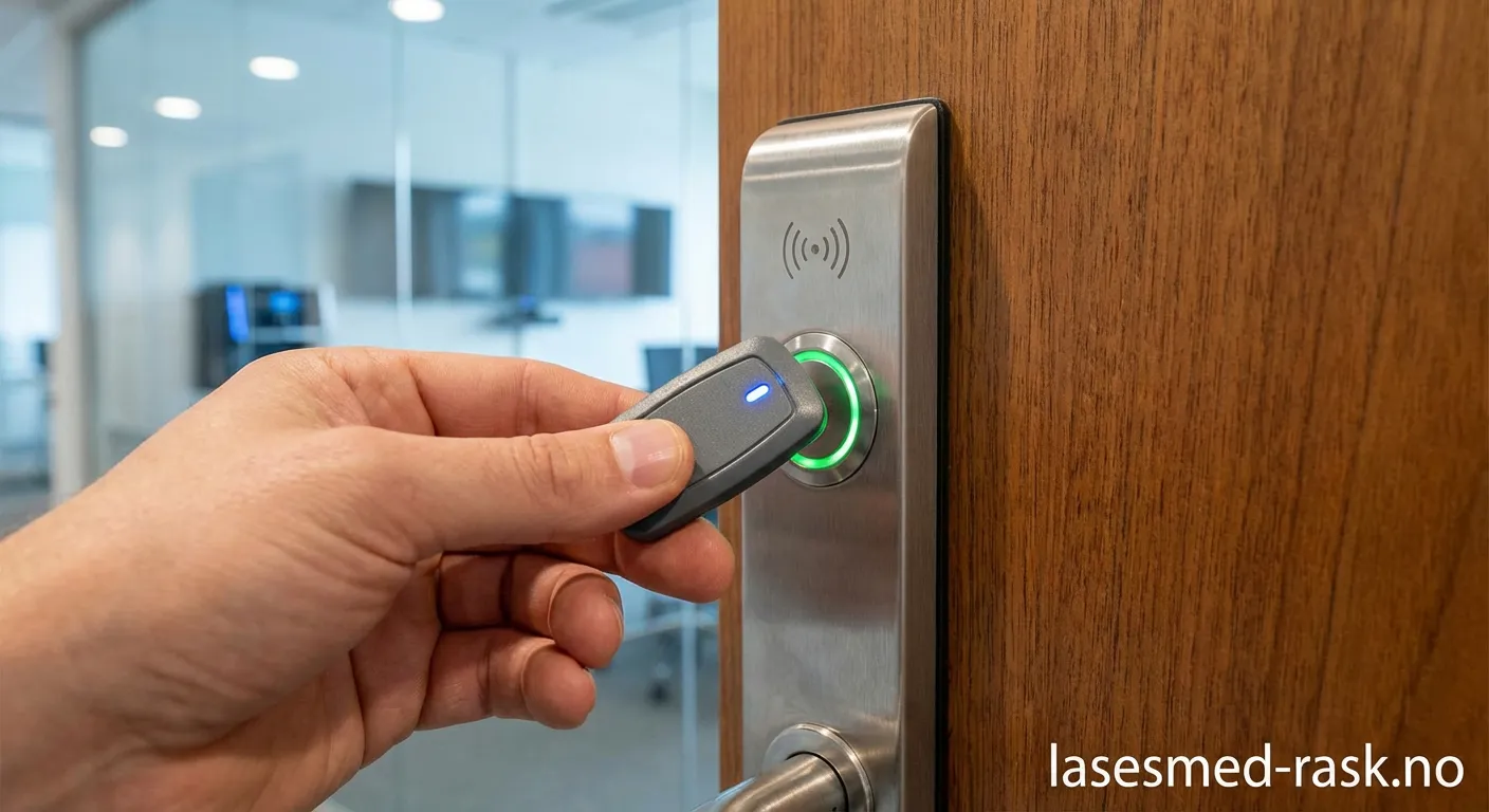 Nærbilde av en person som bruker en RFID-brikke mot en elektronisk kortleser på en dør