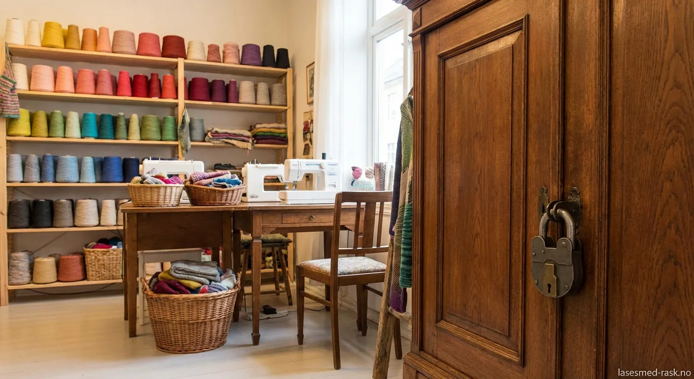 Nærbilde av en moderne dørlås på inngangen til et strikkeatelier med garnhyller i bakgrunnen