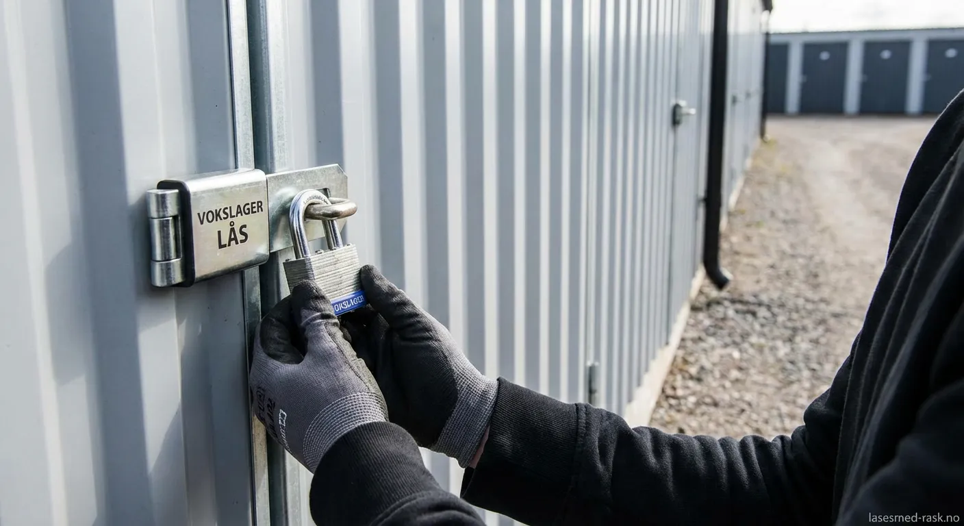 Nærbilde av en sikkerhetslås montert på en industriell lagerdør